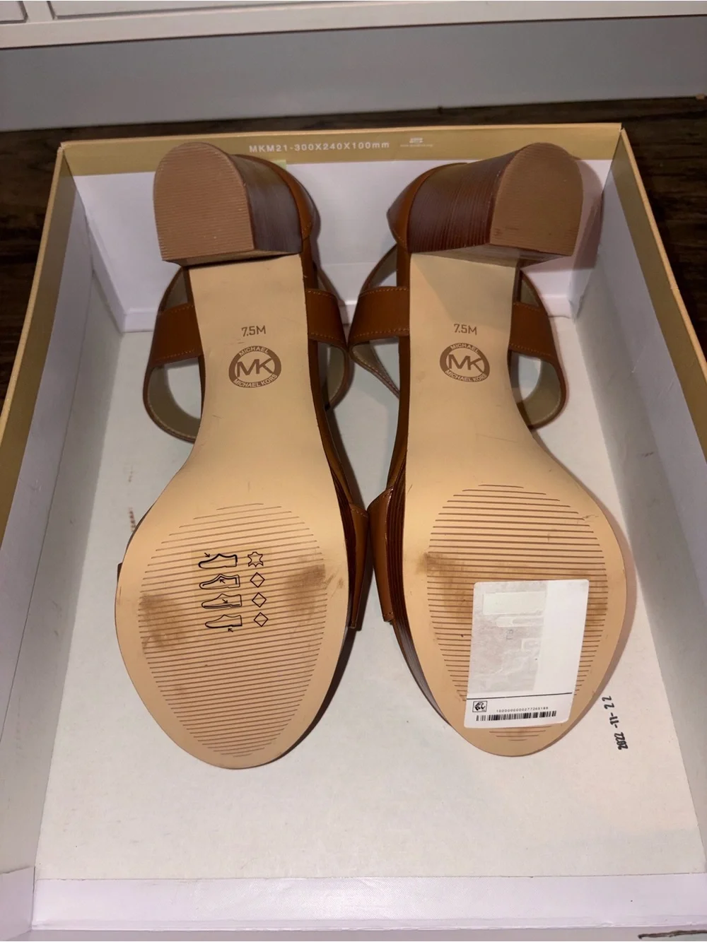 Michael Kors Tan Leather Platform T-Strap Sandals with Gold Zip